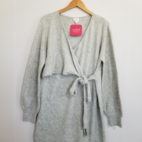 NWT Isabel Maternity Gray Faux Wrap Sweater Dress Size Large - Picture 2 of 9